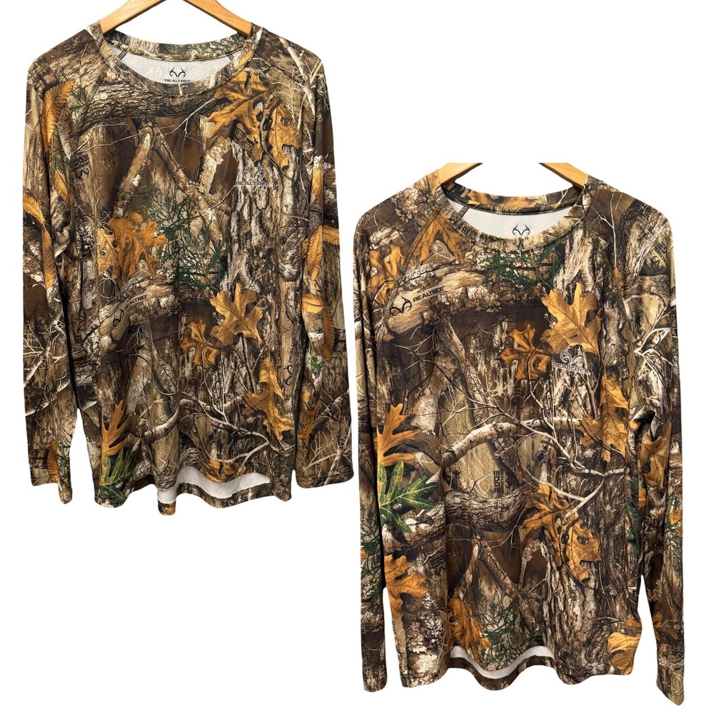 Realtree Shirt Mens L Brown Camo LOT OF 2 Long Sleeve Crewneck Polyester Spandex